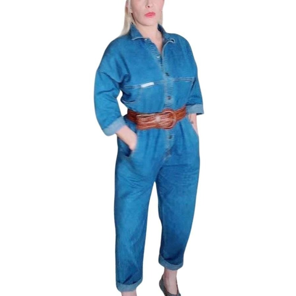 Ideas Denim‎ Jumpsuit Medium Wash Blue Cotton Denim Waist Utility Romper Vintage